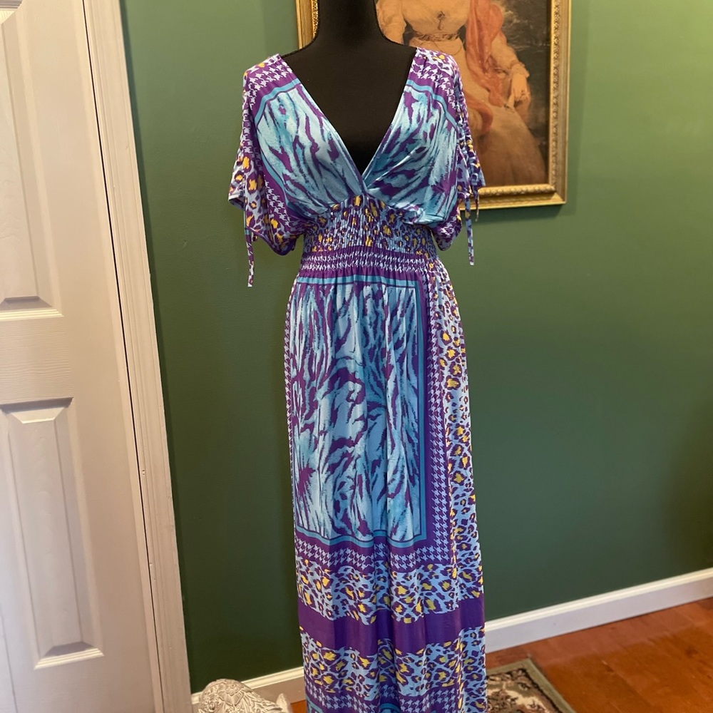 Jessica Taylor Dress Large Purple Animal Maxi Empire V Neck NWT 0006